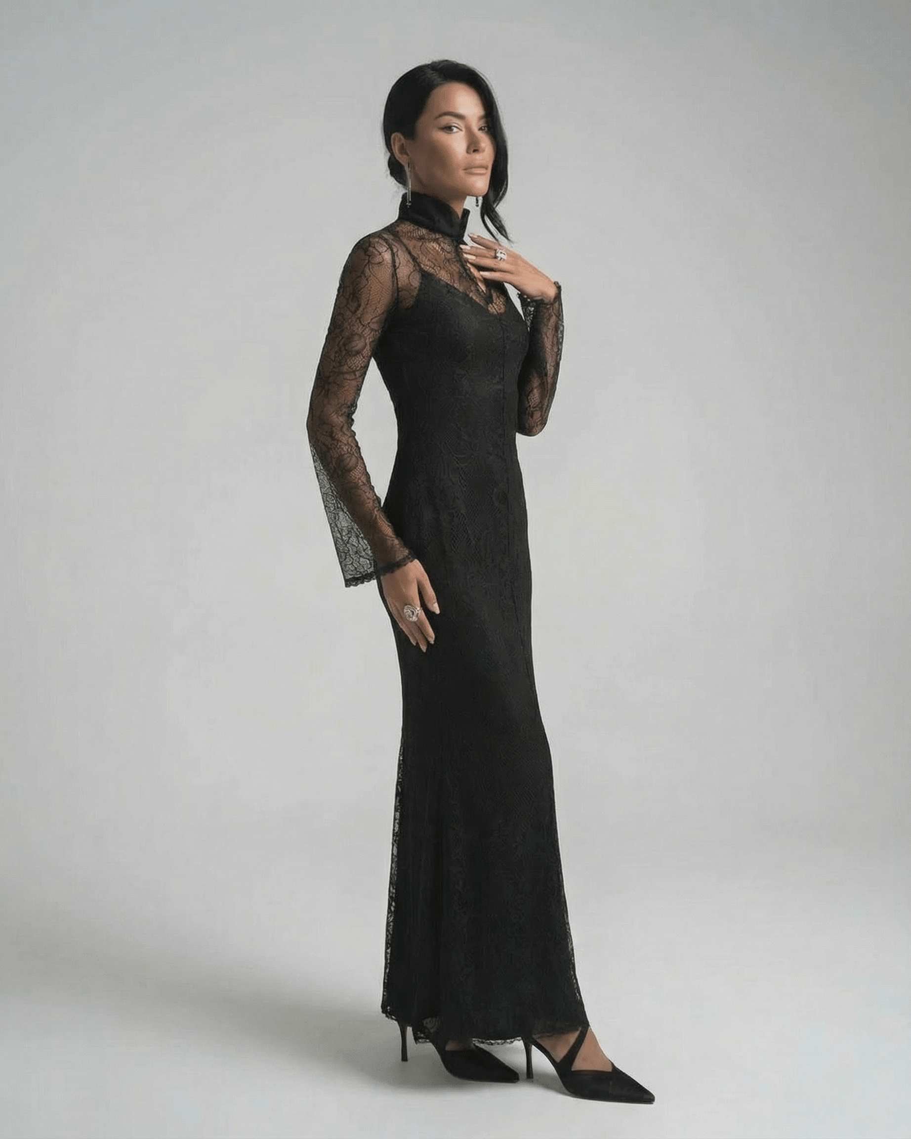 Raia Maxi Dress in black lace, ankle-length, sophisticated style for elegant occasions, by RAMBLION.