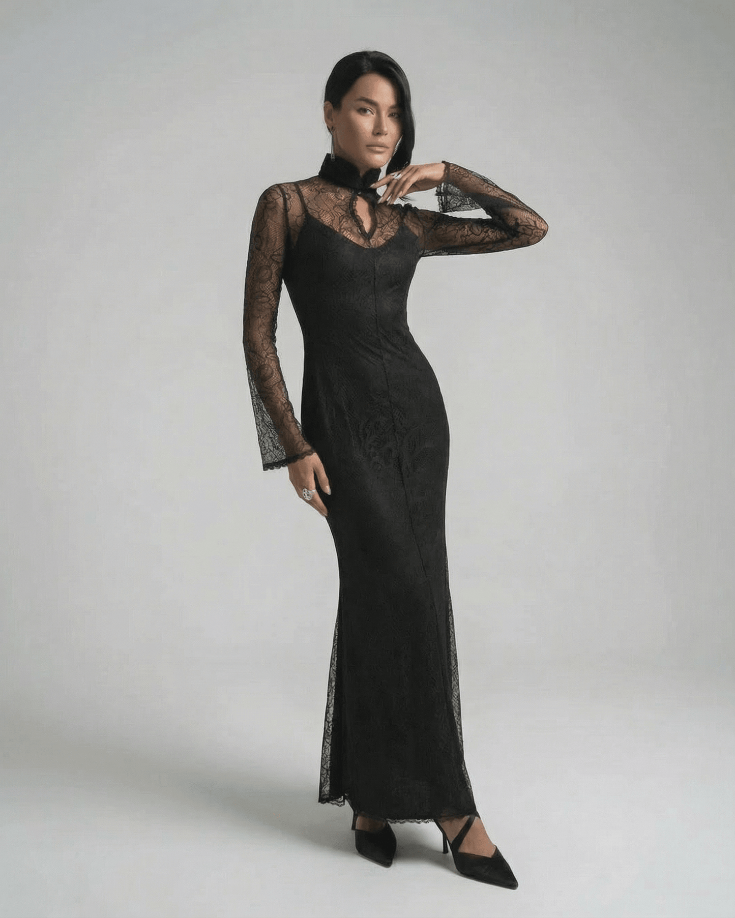 Raia Maxi Dress by RAMBLION, featuring black lace, ankle-length elegance, perfect for sophisticated occasions.