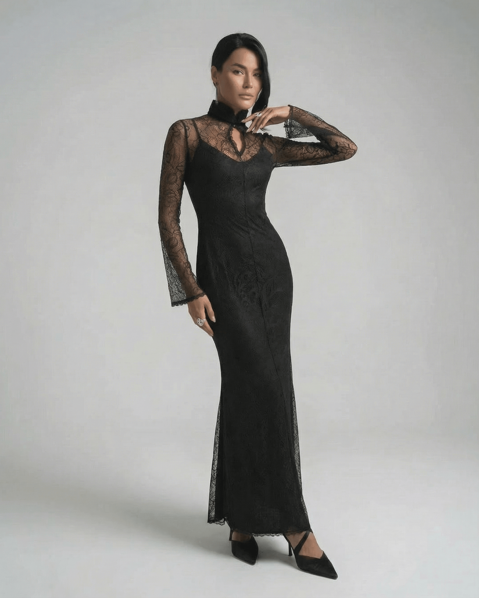 Raia Maxi Dress by RAMBLION, featuring black lace, ankle-length elegance, perfect for sophisticated occasions.