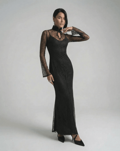 Raia Maxi Dress by RAMBLION, featuring black lace, ankle-length elegance, perfect for sophisticated occasions.