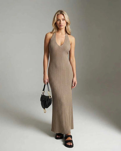 Beige Satin Gown V-Neck Sleeveless Maxi Dress | Wedding Guest, front view | Ramblion | SKU: CMD-872395064-taupe-L-5362,CMD-872395064-taupe-M-9392,CMD-872395064-taupe-S-2605,CMD-872395064-taupe-XL-5731,CMD-872395064-taupe-XS-6701