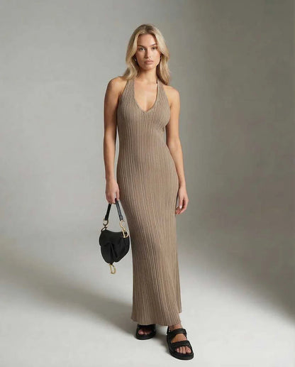Beige Satin Gown V-Neck Sleeveless Maxi Dress | Wedding Guest, front view | Ramblion | SKU: CMD-872395064-taupe-L-5362,CMD-872395064-taupe-M-9392,CMD-872395064-taupe-S-2605,CMD-872395064-taupe-XL-5731,CMD-872395064-taupe-XS-6701