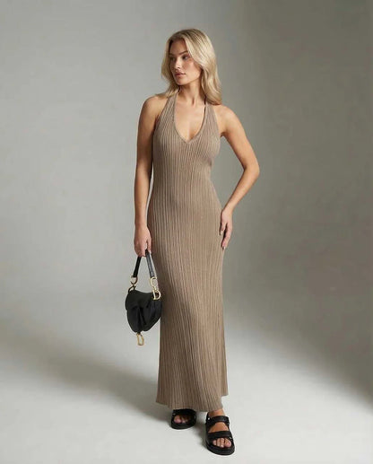 Beige Satin Gown V-Neck Sleeveless Maxi Dress | Wedding Guest, front view | Ramblion | SKU: CMD-872395064-taupe-L-5362,CMD-872395064-taupe-M-9392,CMD-872395064-taupe-S-2605,CMD-872395064-taupe-XL-5731,CMD-872395064-taupe-XS-6701