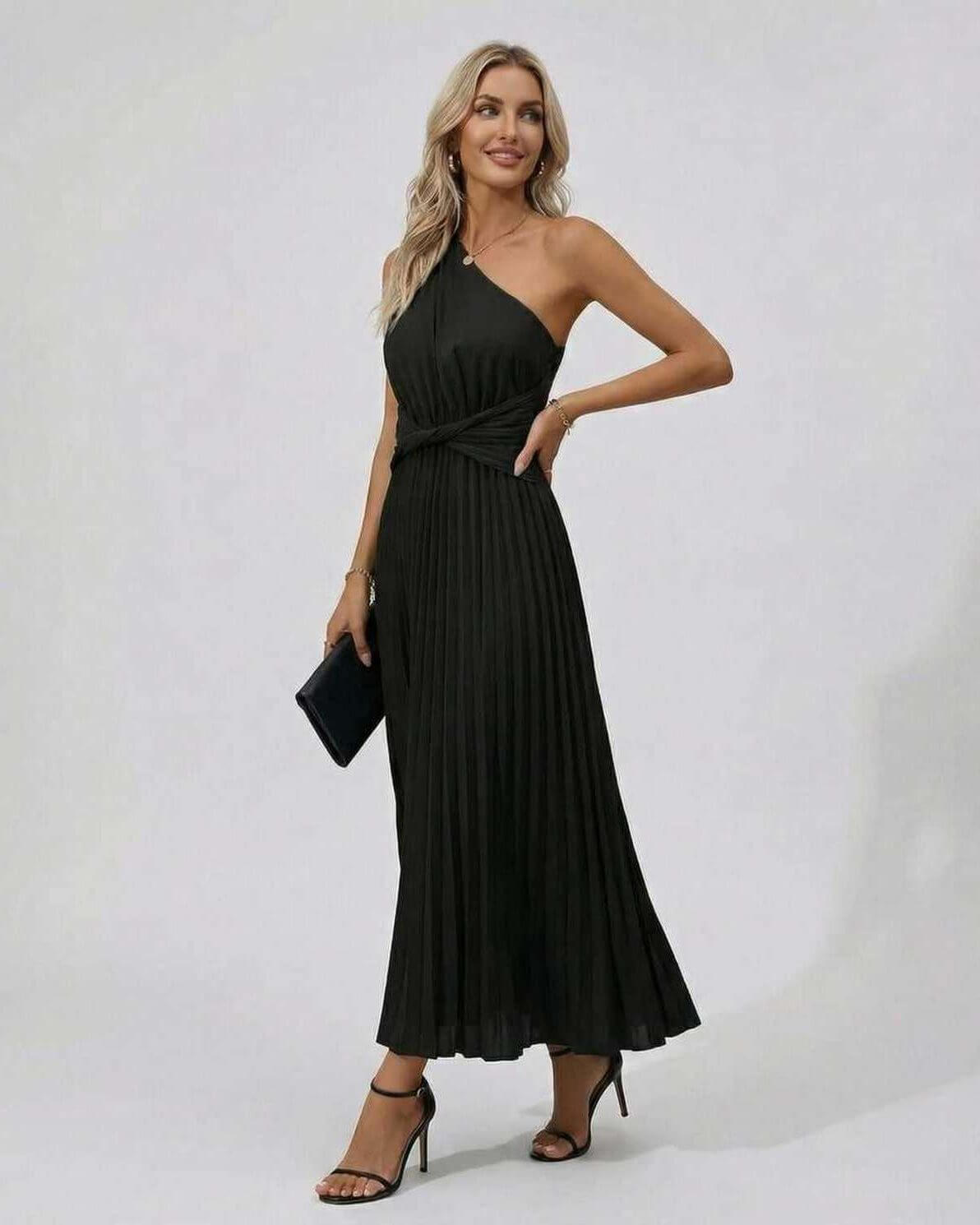 Rama Midi Dress by RAMBLION, black one-shoulder dress with pleated hem, perfect for elegant occasions.