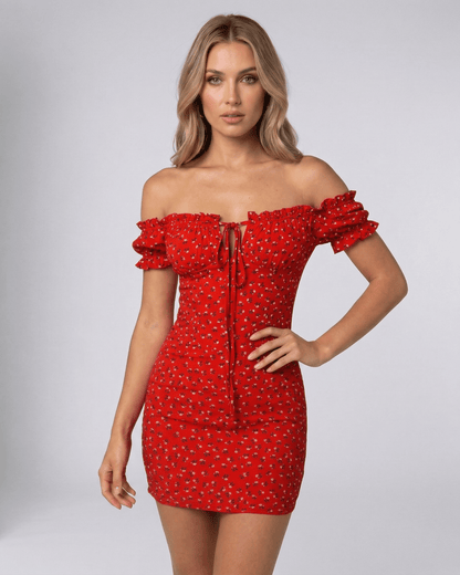 Rama Mini Dress in vibrant red floral pattern, off-shoulder design, elegant fit, by RAMBLION, perfect for special occasions.