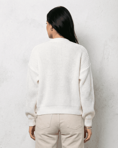 Back view of Alba Cardigan in classic white knitwear, featuring a soft V-neck design, perfect for layering.