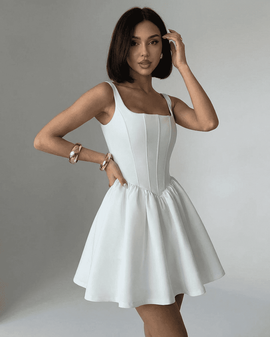 Alba Mini Dress - Pure White Structured Corset Mini with Square Neckline by RAMBLION