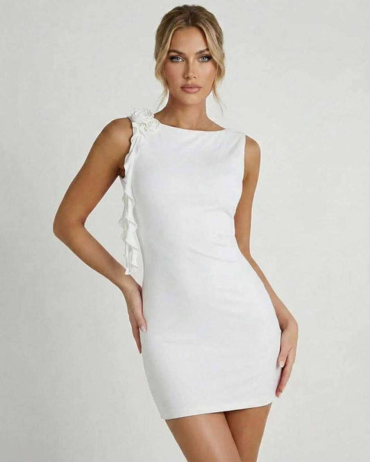 Allegra Mini Dress - Chic white sleeveless bodycon with ruffle accent from RAMBLION.