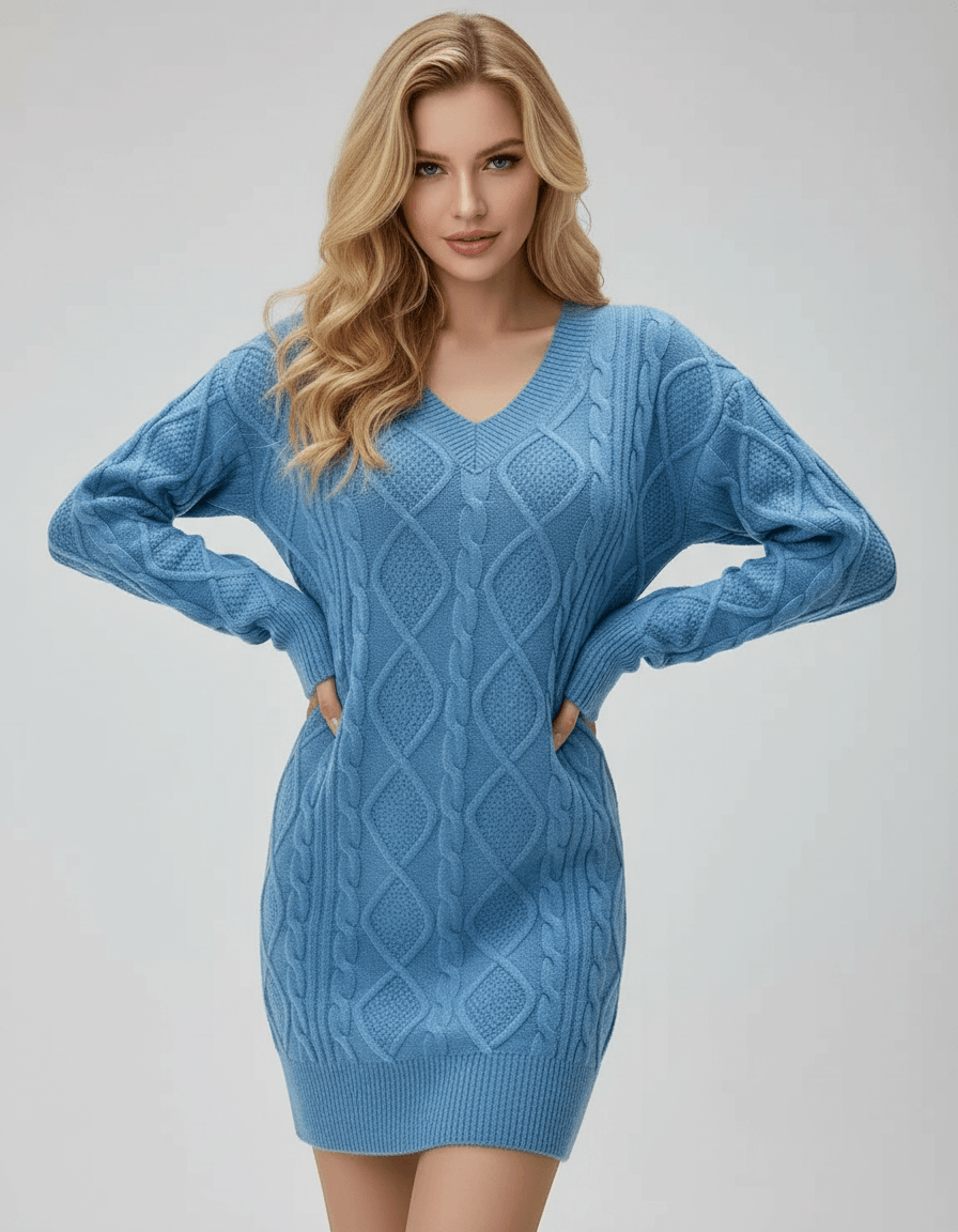 Anli Mini Dress, blue cable knit, V neck, soft polyester, comfortable layering for autumn, RAMBLION brand.