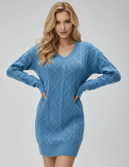 Anli Mini Dress, blue cable knit, V neck, soft polyester, comfortable layering for autumn, RAMBLION brand.