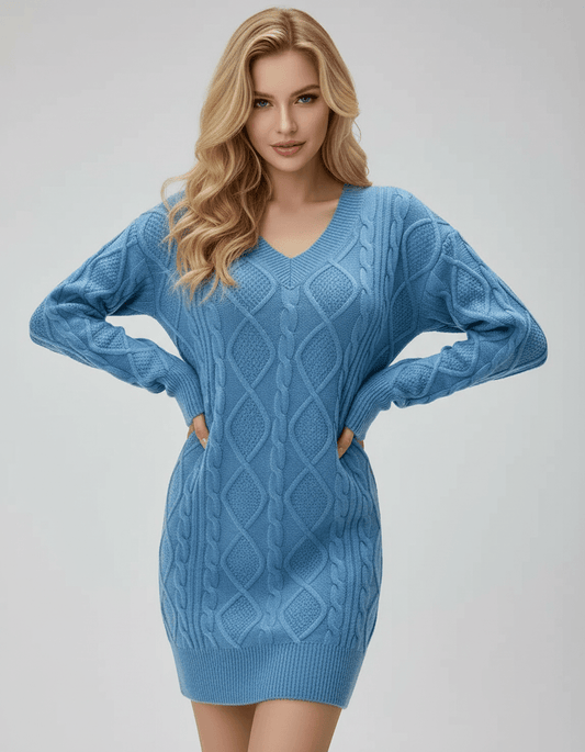 Anli Mini Dress, blue cable knit, V neck, soft polyester, comfortable layering for autumn, RAMBLION brand.