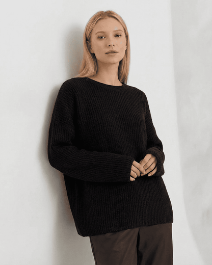 Arden Sweater in black, loose fit ribbed knitwear with long sleeves and round neck by RAMBLION.