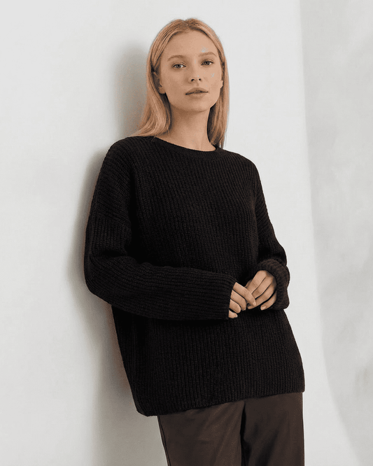 Arden Sweater in black, loose fit ribbed knitwear with long sleeves and round neck by RAMBLION.