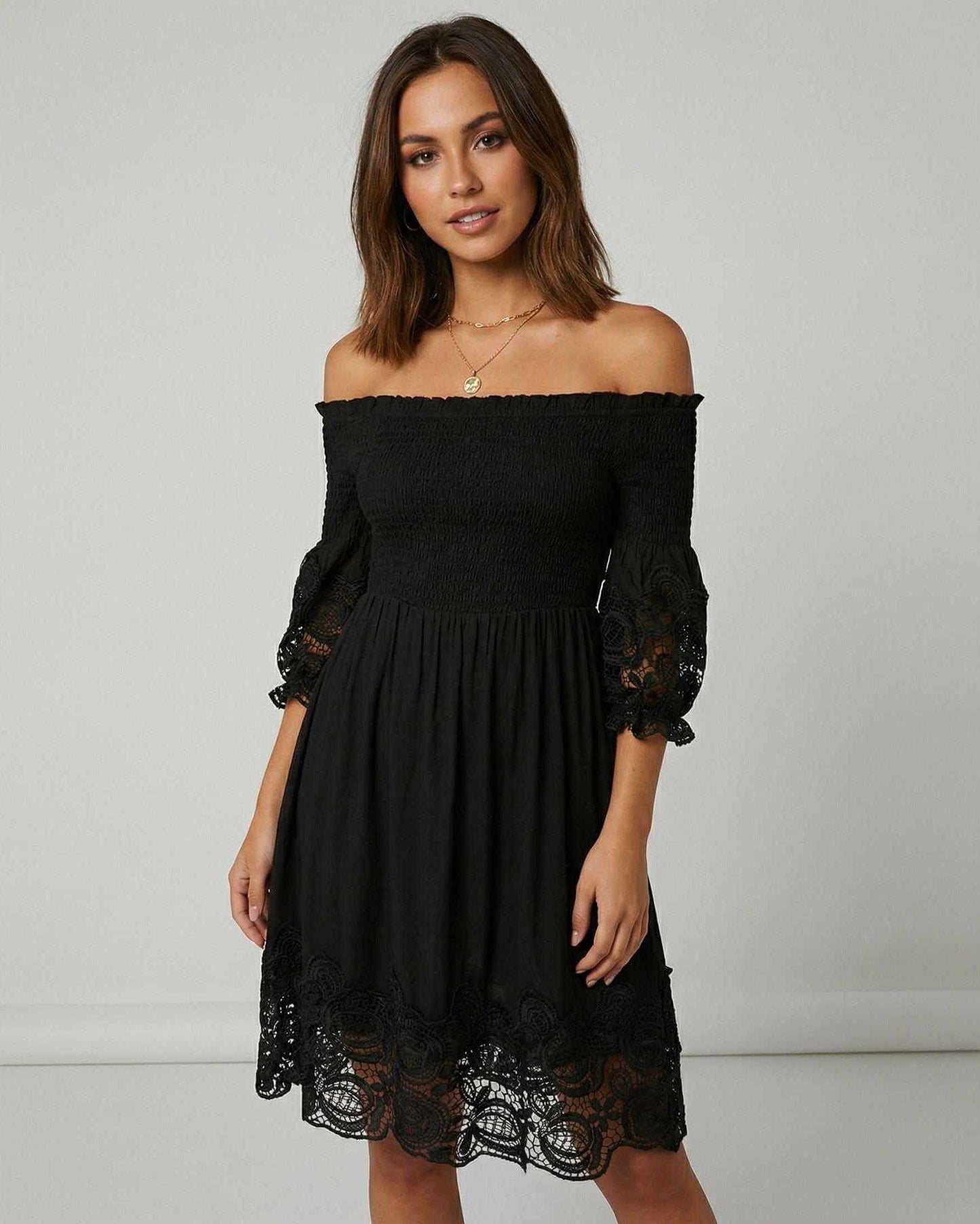 Arli Midi Dress, off shoulder, elegant lace, sophisticated look, ideal for special occasions, by RAMBLION.