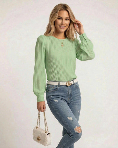 Armo Blouse in vibrant green, featuring vertical pleats, long bishop sleeves, perfect for stylish occasions, by RAMBLION.