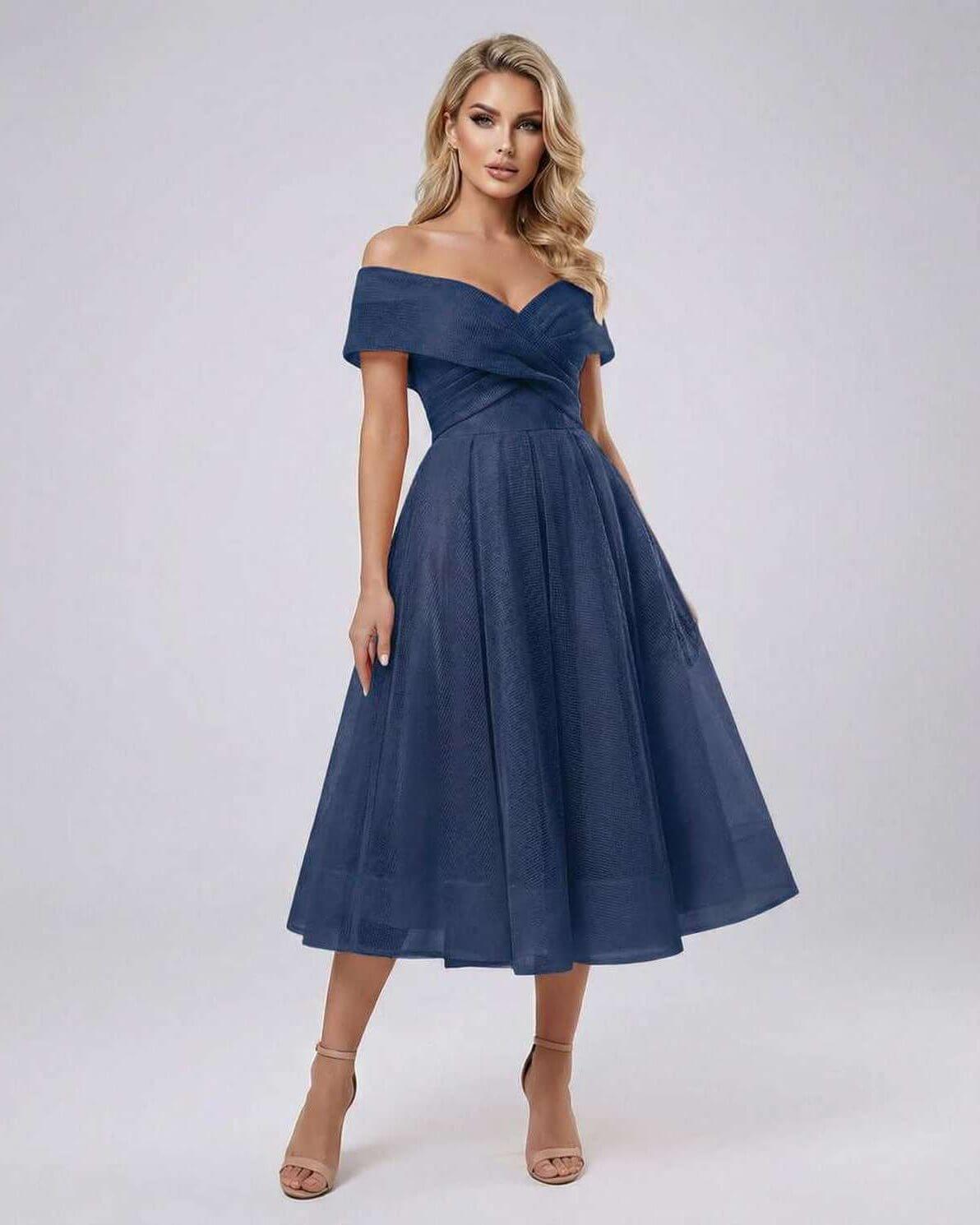 Armo Midi Dress by RAMBLION, navy sweetheart neckline, off-shoulder design for elegant occasions.