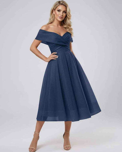 Armo Midi Dress by RAMBLION - navy off shoulder, sweetheart neckline, breathable polyester, elegant for special occasions.
