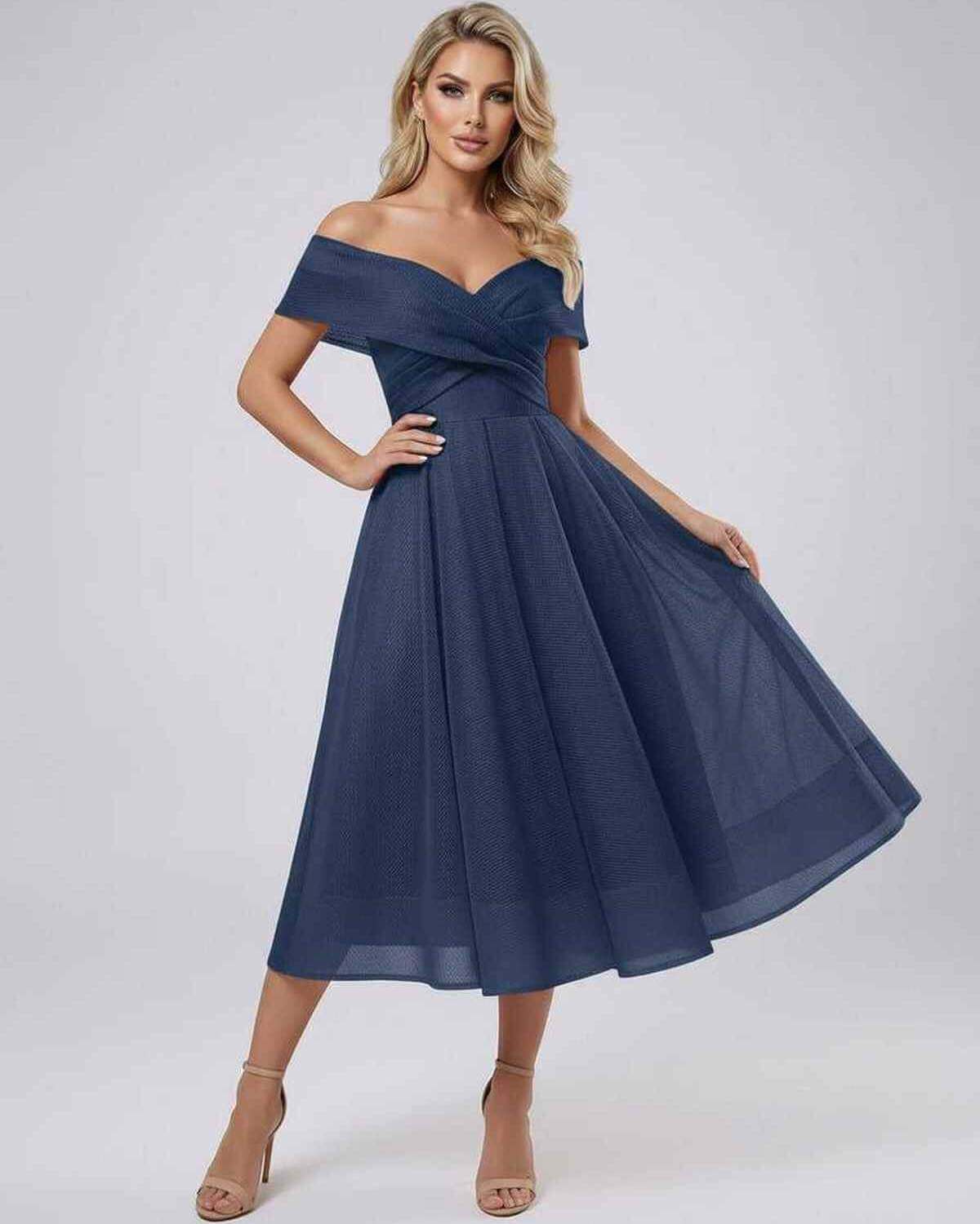 Armo Midi Dress - Navy off shoulder, sweetheart neckline, flowy pleated skirt, elegant style by RAMBLION.