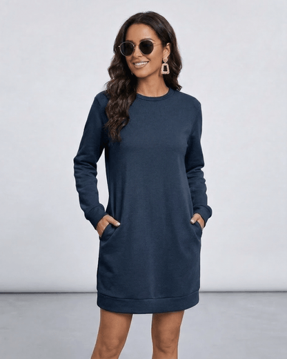 Armo Mini Dress by RAMBLION, navy cotton, casual elegance, relaxed fit with pockets, perfect for everyday occasions.
