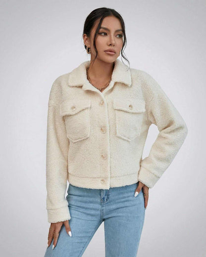 Aspen Jacket – Women's Faux Fur Jacket with Lapel Collar by RAMBLION, showcasing stylish layering for cold weather.