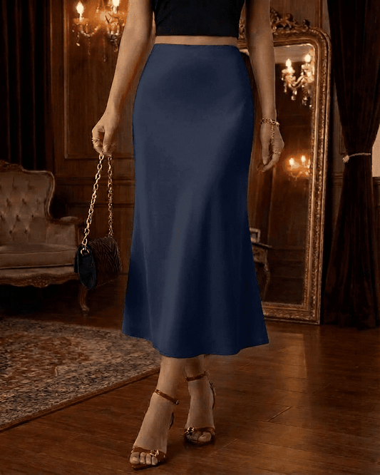 Astra Midi Skirt in deep navy blue, satin mermaid silhouette, designed for elegance and style.