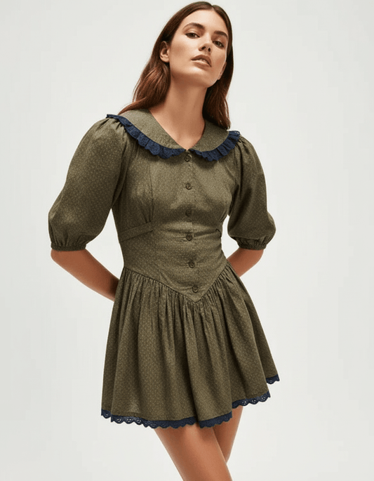 Aveline Mini Dress with Peter Pan Collar and Puff Sleeves in Olive Green and Navy by RAMBLION.