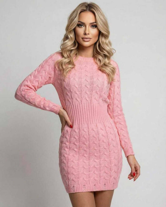 Azalea Mini Dress by RAMBLION in soft pink, showcasing a flattering sheath silhouette and twisted knit texture.