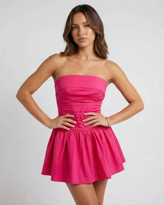 Azalea Mini Dress - Vibrant pink strapless A-line silhouette by RAMBLION, perfect for summer events.