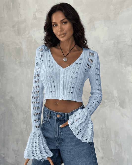 Azure Cardigan in light blue with flare sleeves, featuring a V-neckline and button detail, perfect for stylish comfort.