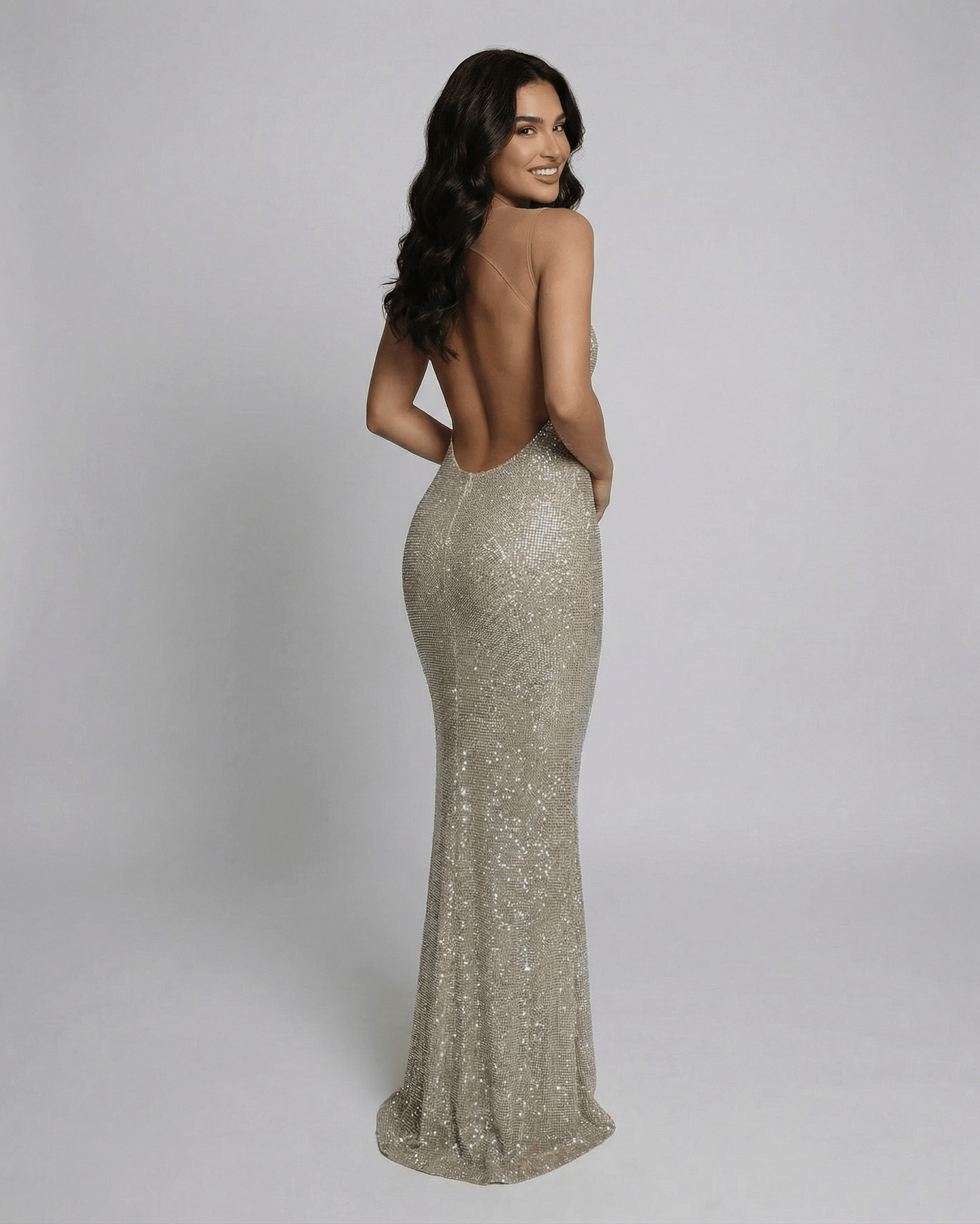 Yava Maxi Dress in stunning beige with a backless design, perfect for elegant occasions by RAMBLION.