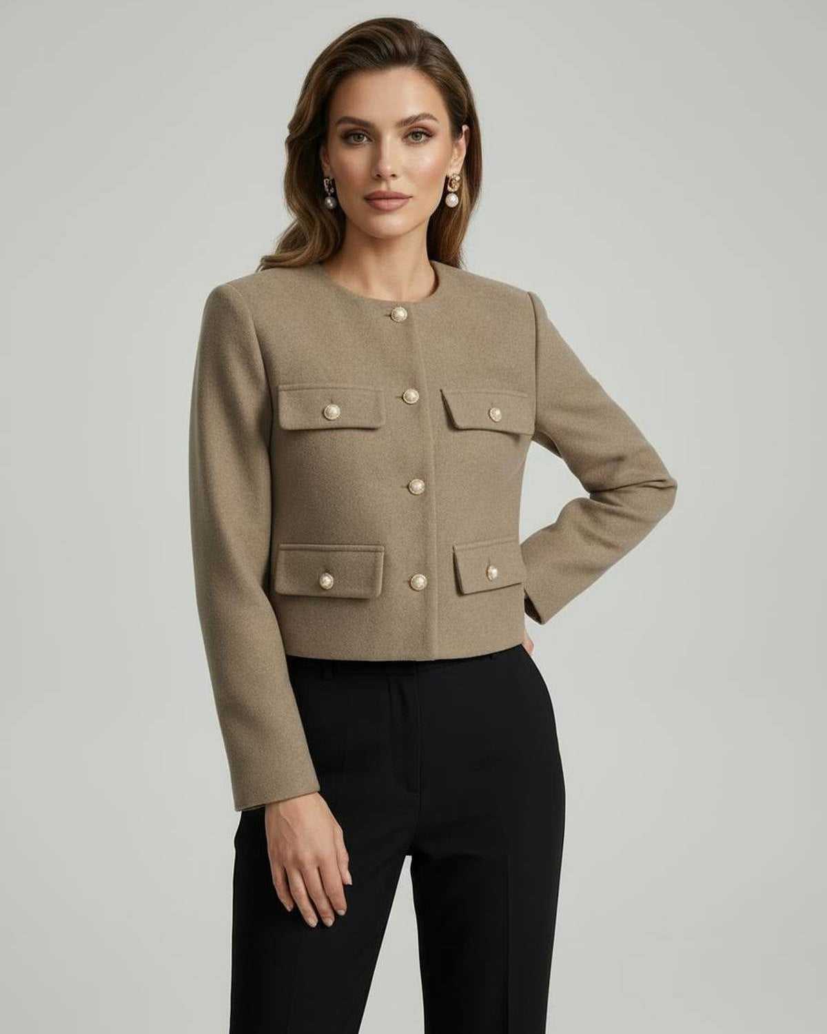 Figi Jacket by RAMBLION, beige, structured design, perfect for warmth and elegance in various occasions.