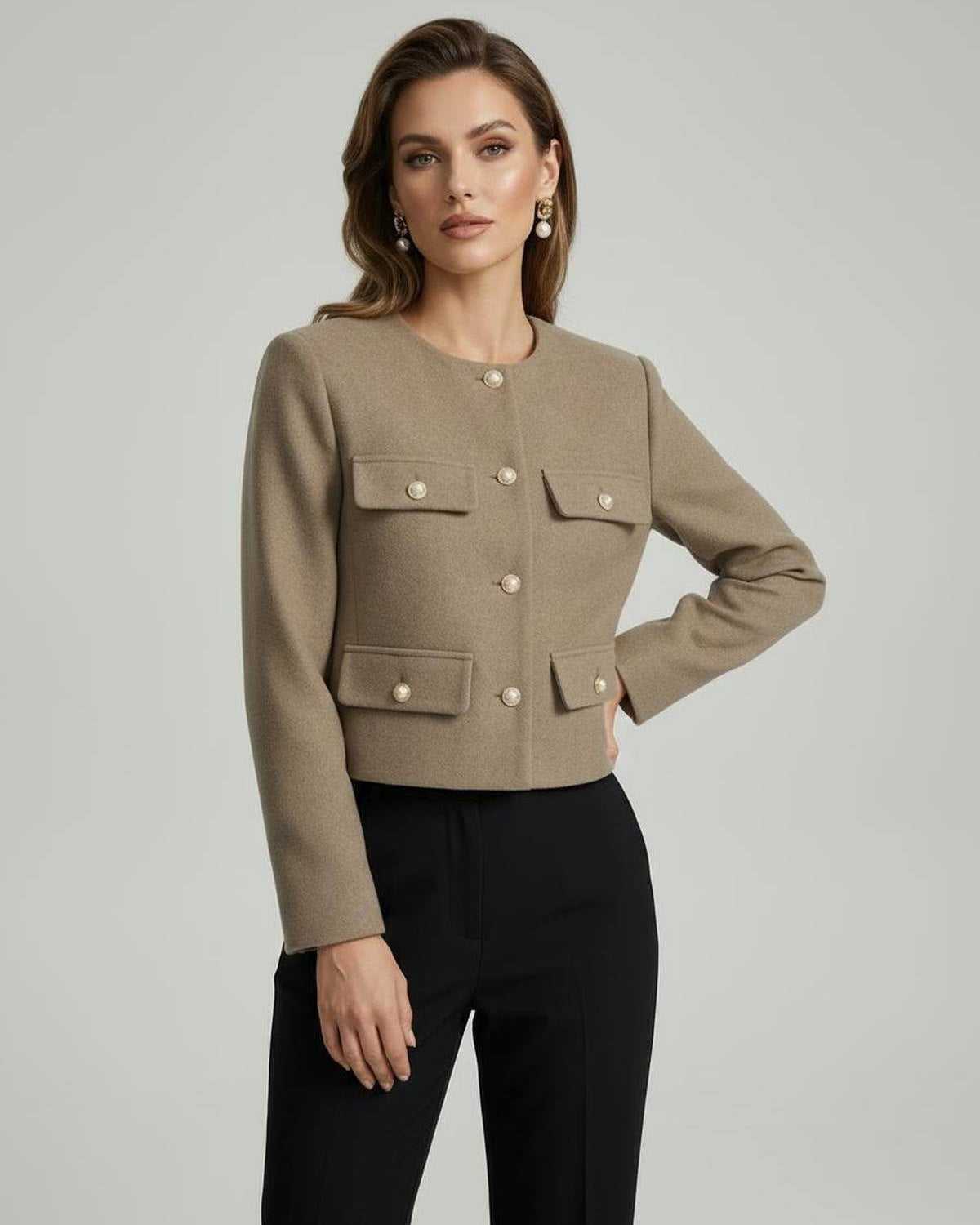Figi Jacket by RAMBLION, elegant beige wool design, perfect for various occasions, structured style, high-quality feel.