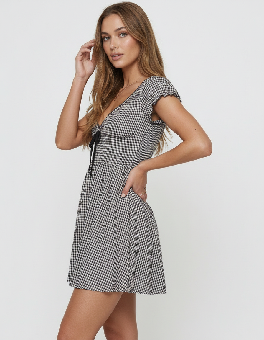 Holographic Mini Dress by RAMBLION, black satin, V neck, perfect for casual occasions and modern wardrobes.