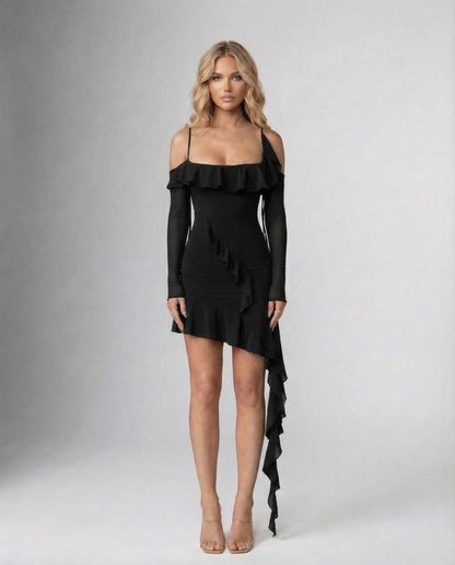 Macy Mini Dress by RAMBLION, stylish black dress with ruffled design, perfect for special occasions.