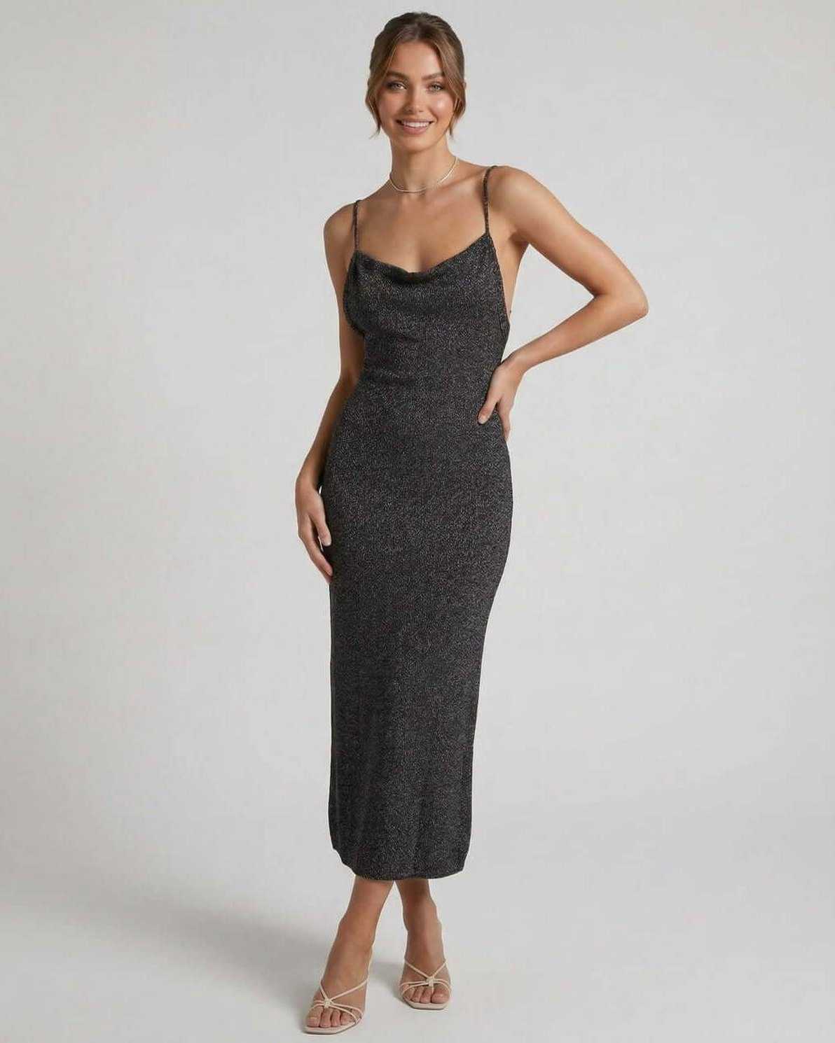 Ulia Midi Dress by RAMBLION, black midi dress with shimmer, ideal for sophisticated occasions, flattering silhouette.