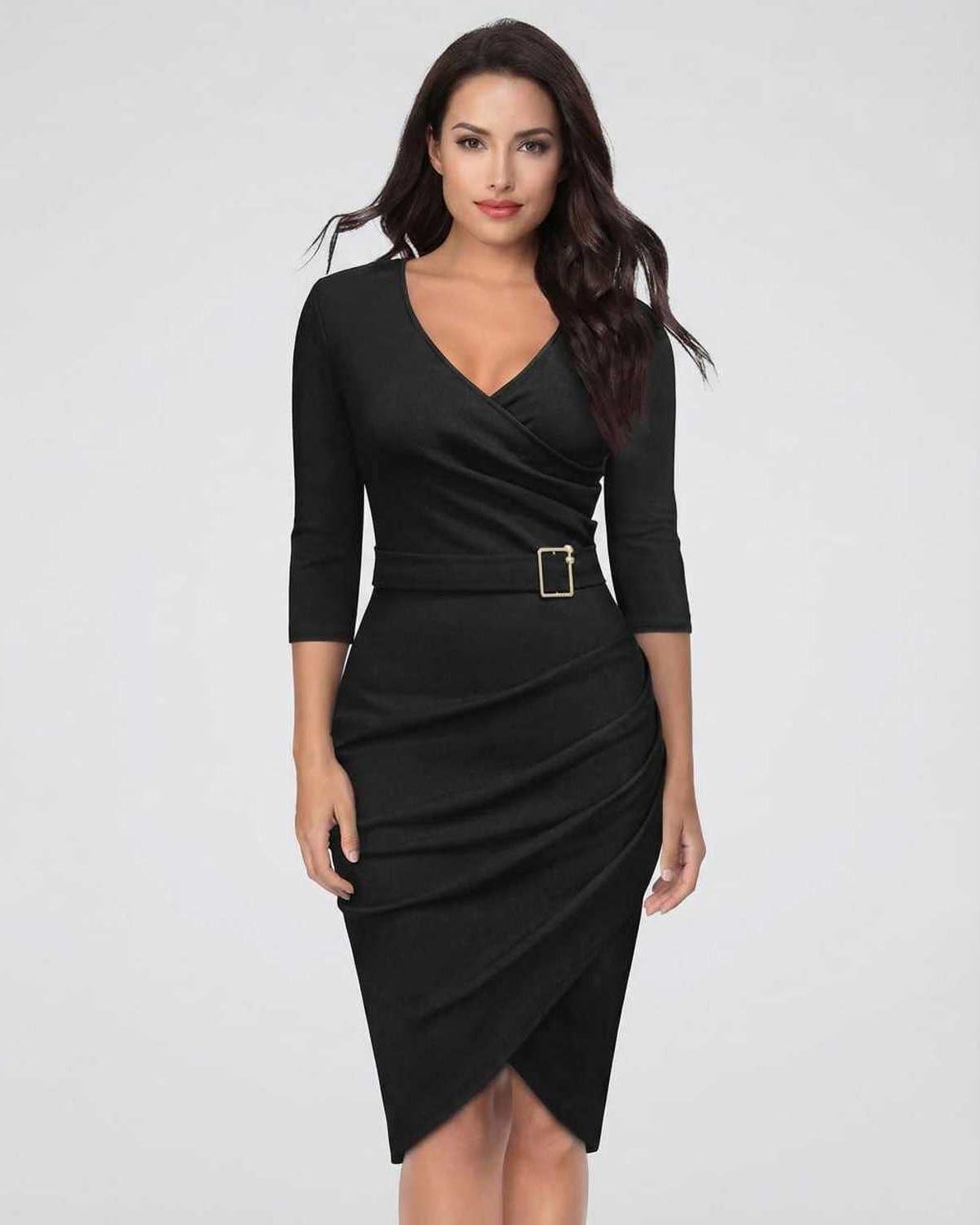 Neoprene Midi Dress by RAMBLION, black V-neck, long sleeves, elegant style, perfect for various occasions.