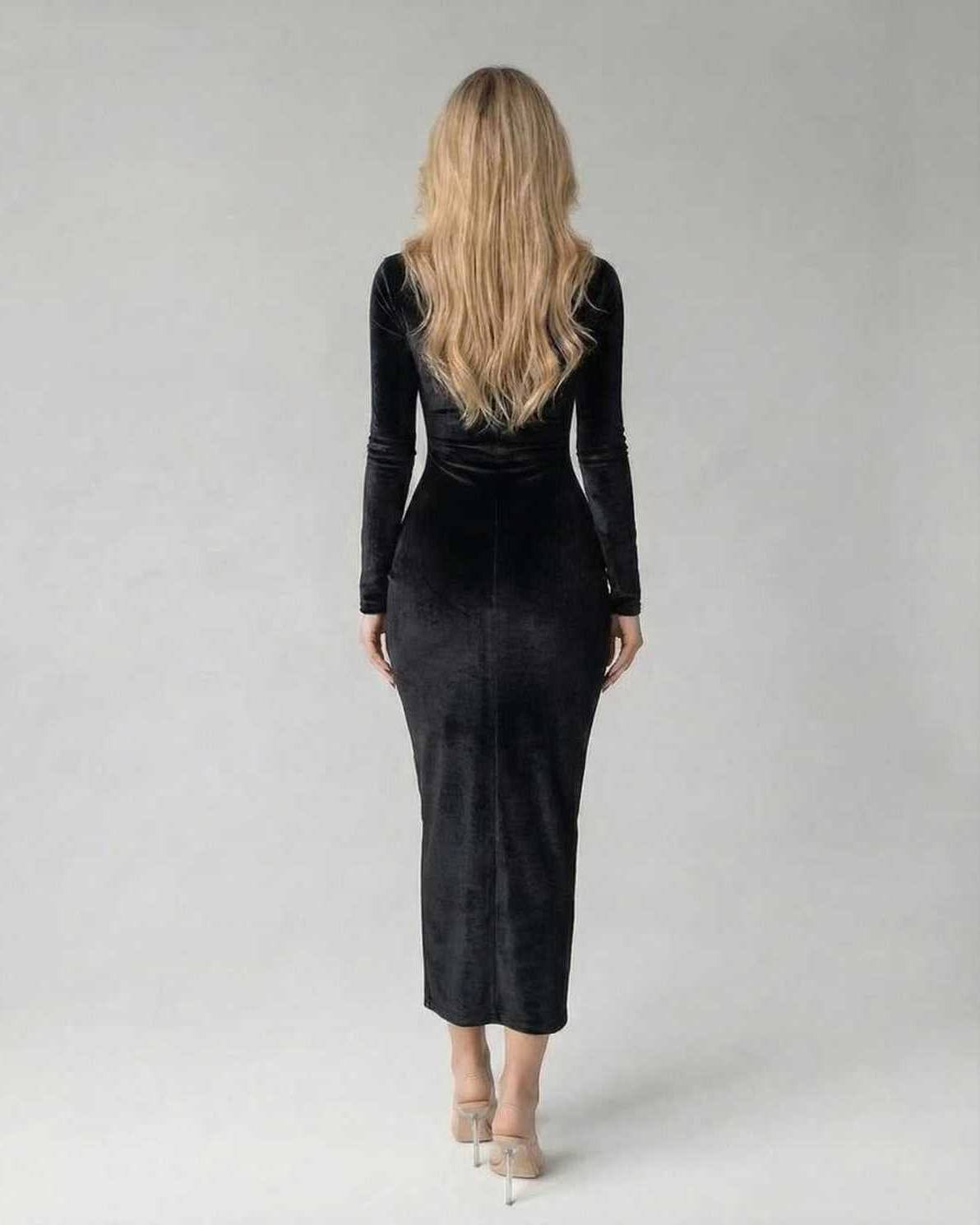 Elegant Tulle Midi Dress by RAMBLION, featuring black velvet, fitted silhouette, perfect for cocktail events.
