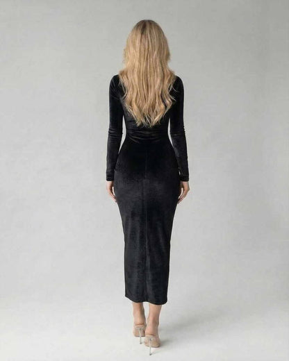 Elegant Tulle Midi Dress by RAMBLION, featuring black velvet, fitted silhouette, perfect for cocktail events.