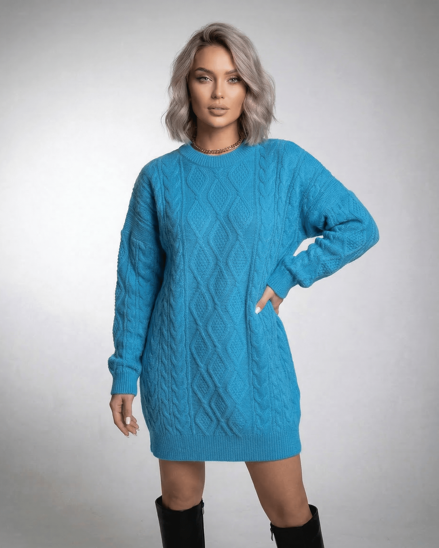 Mira Mini Dress by RAMBLION, vibrant blue color, textured feel, cozy knit, perfect for casual occasions.