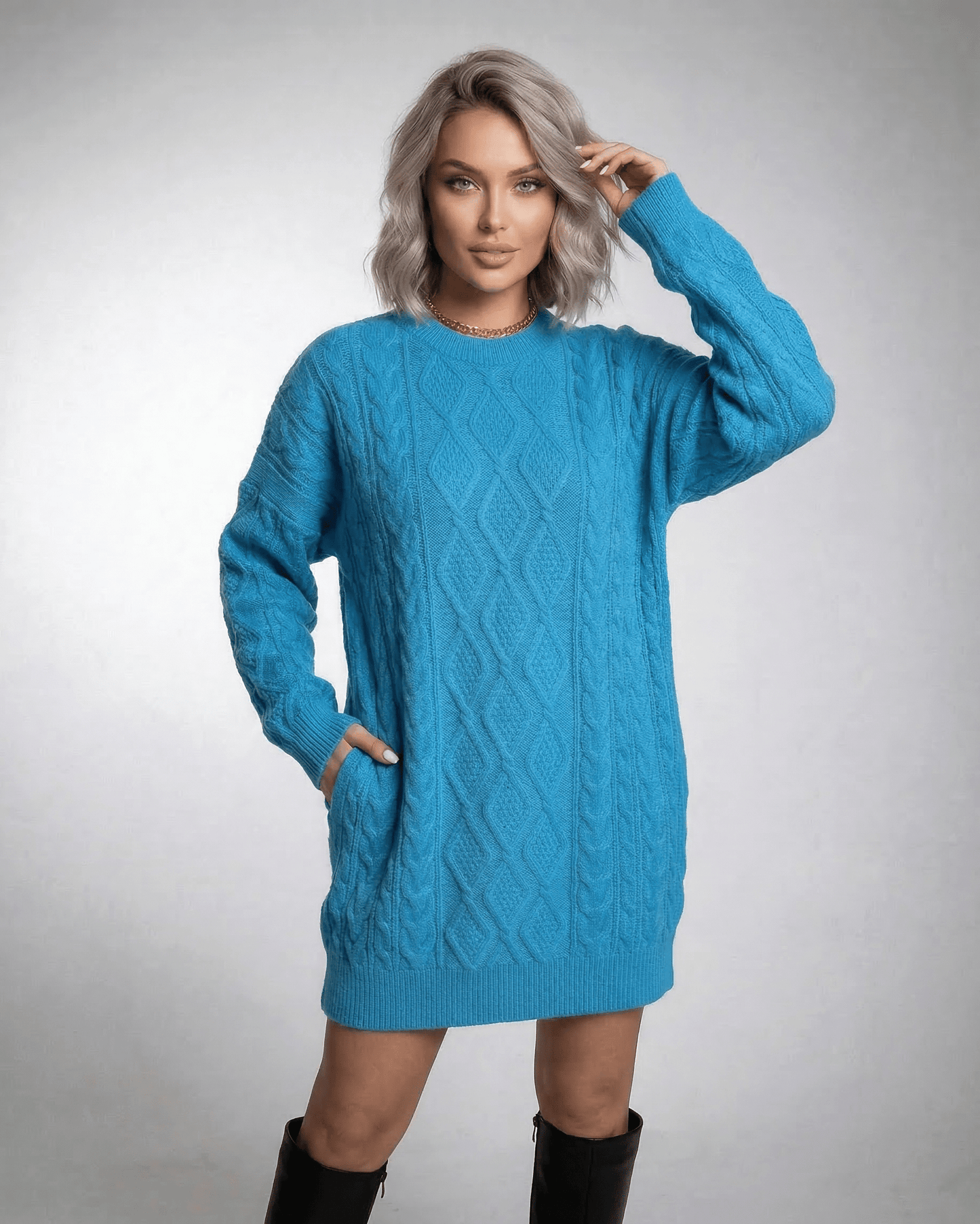 Mira Mini Dress in vibrant blue cable knit, cozy oversized style with pockets, perfect for casual outings, by RAMBLION.