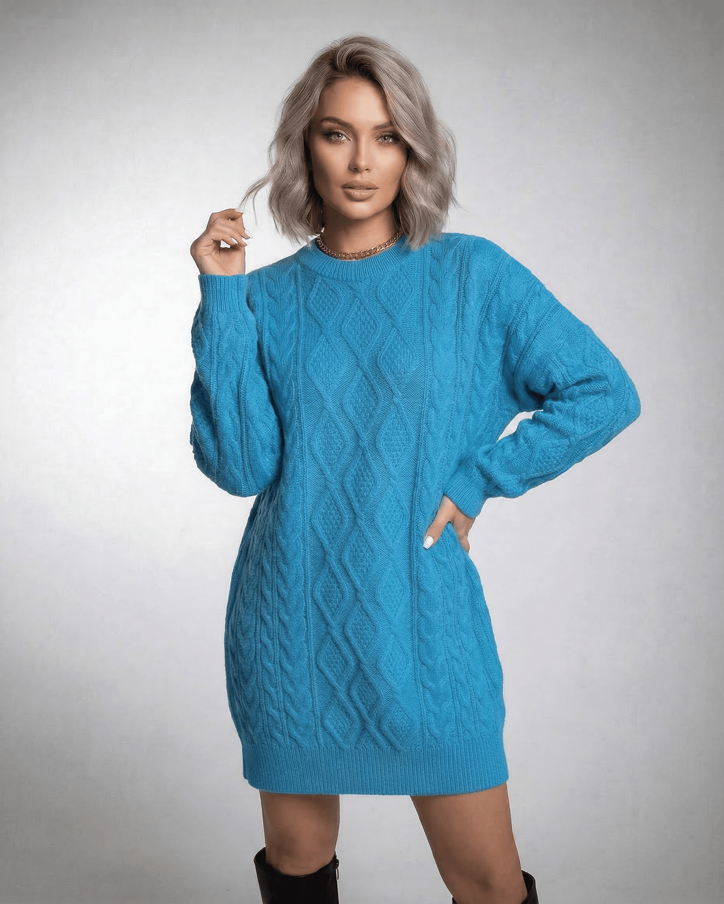 Mira Mini Dress - Cozy textured blue knit with crew neck, perfect for stylish casual wear, by RAMBLION.