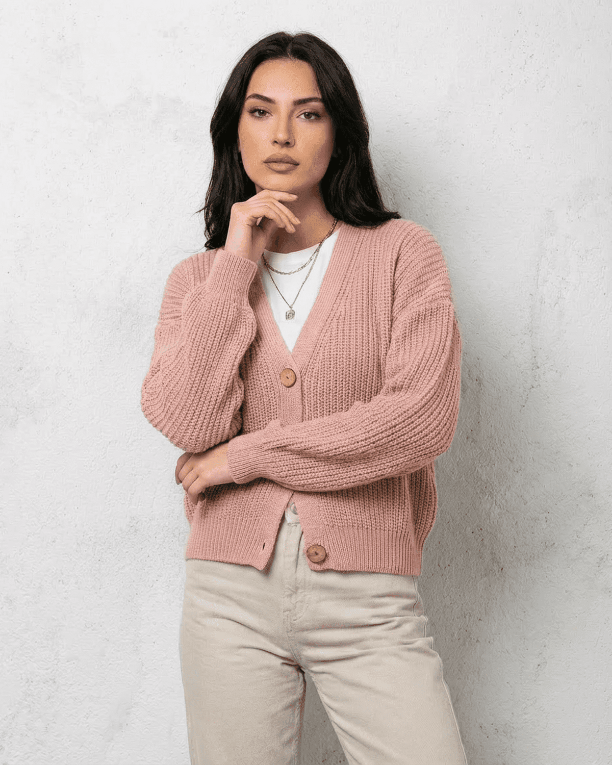 Blush Cardigan - Soft pink knitwear with relaxed V-neck design, featuring a loose fit and a button closure.