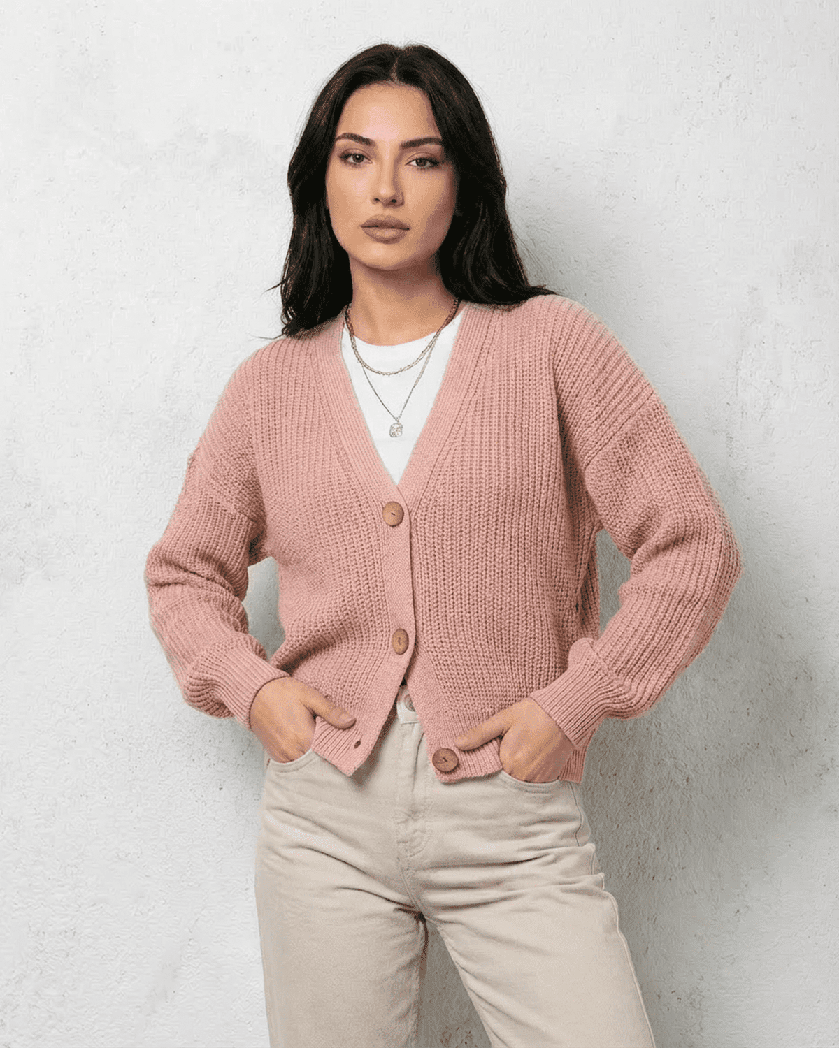 Blush Cardigan by RAMBLION, soft pink knitwear with relaxed V-neck and loose fit for a chic fall look.