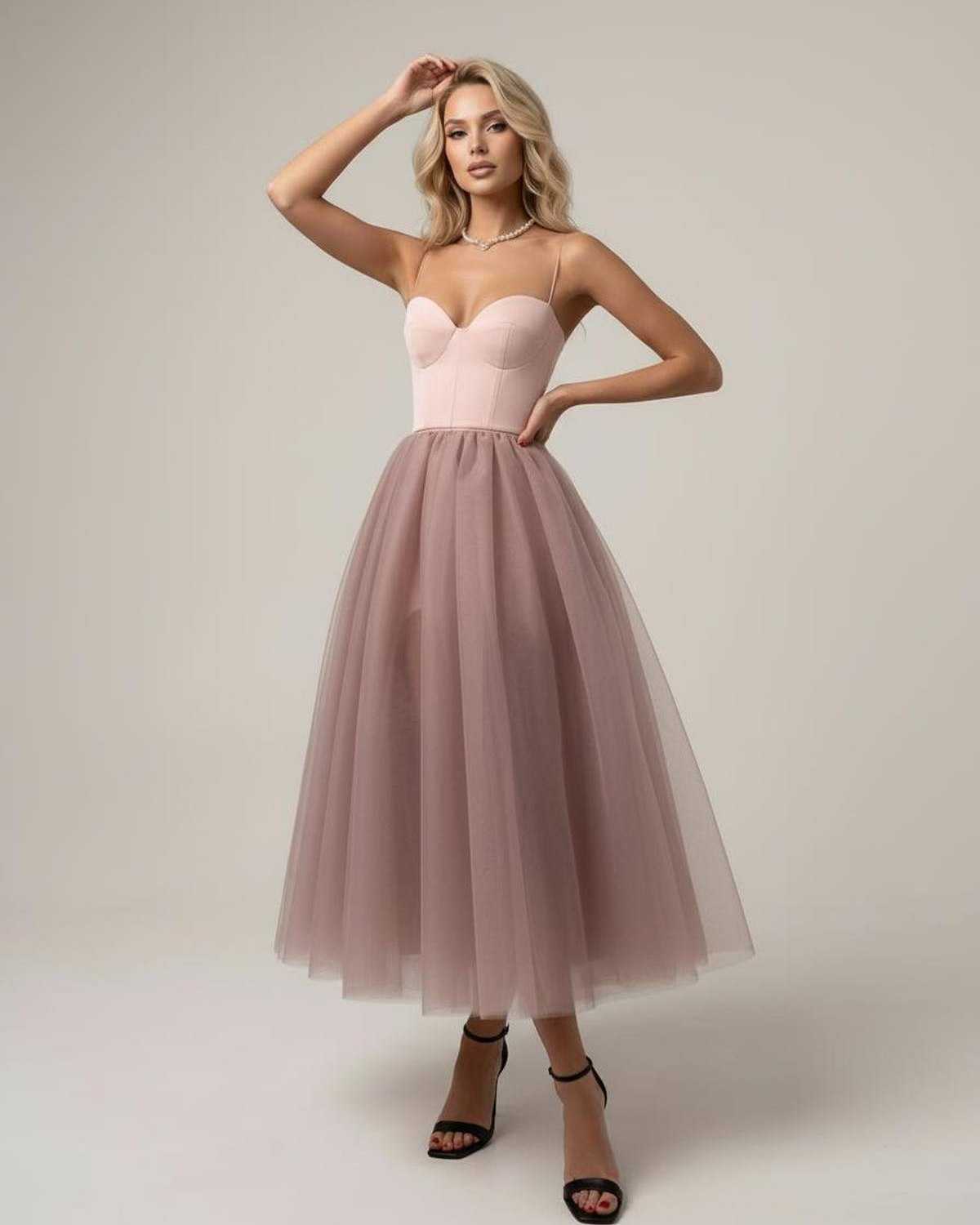 Velvet Midi Dress by RAMBLION, blush pink, structured bodice, airy skirt, perfect for elegant occasions.