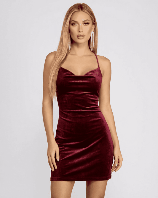 Bordeaux Mini Dress - Velvet Cowl Neck Backless Mini Dress by RAMBLION in rich wine tone with soft sheen.