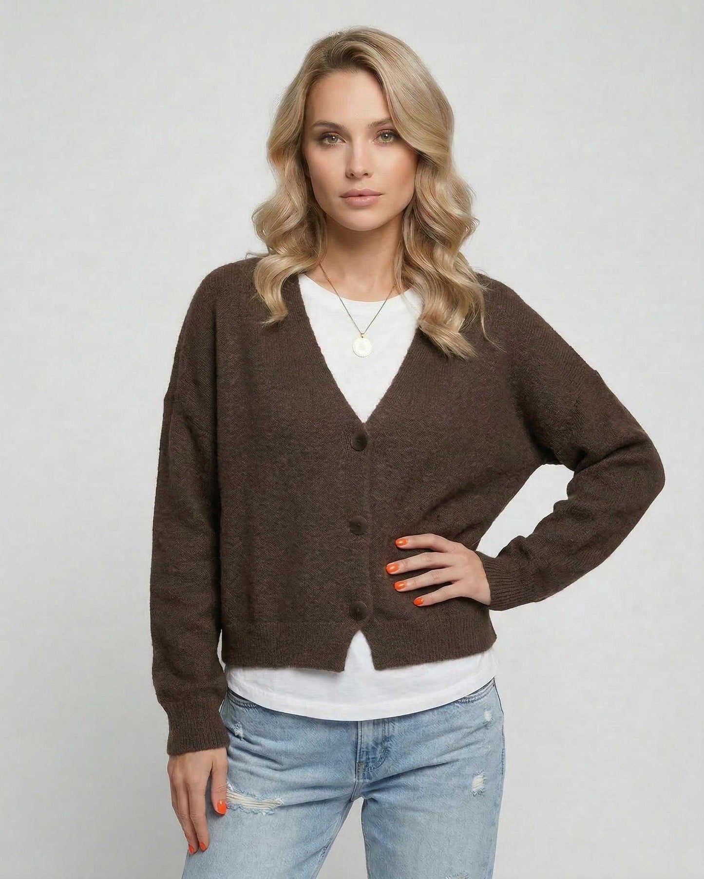 Brown Cardigan, front view | Ramblion | SKU: TC-827361945-brown-L-4940,TC-827361945-brown-M-2443,TC-827361945-brown-S-2471,TC-827361945-brown-XL-4582,TC-827361945-brown-XS-5385