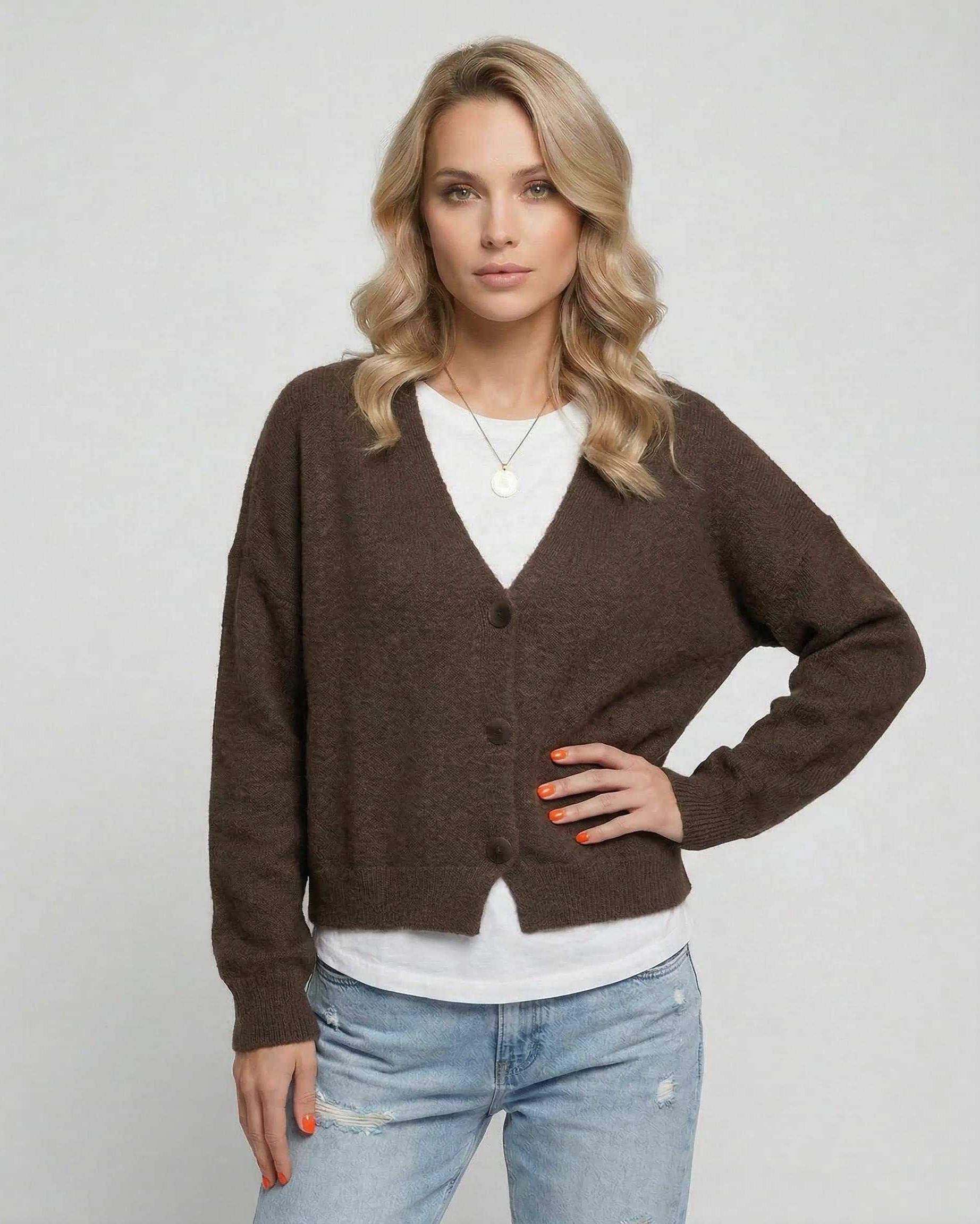 Brown Cardigan, front view | Ramblion | SKU: TC-827361945-brown-L-4940,TC-827361945-brown-M-2443,TC-827361945-brown-S-2471,TC-827361945-brown-XL-4582,TC-827361945-brown-XS-5385
