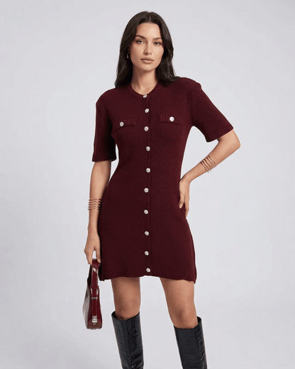 Pantelleria Mini Dress in burgundy, featuring short sleeves, buttons, perfect for stylish day or night occasions, by RAMBLION.