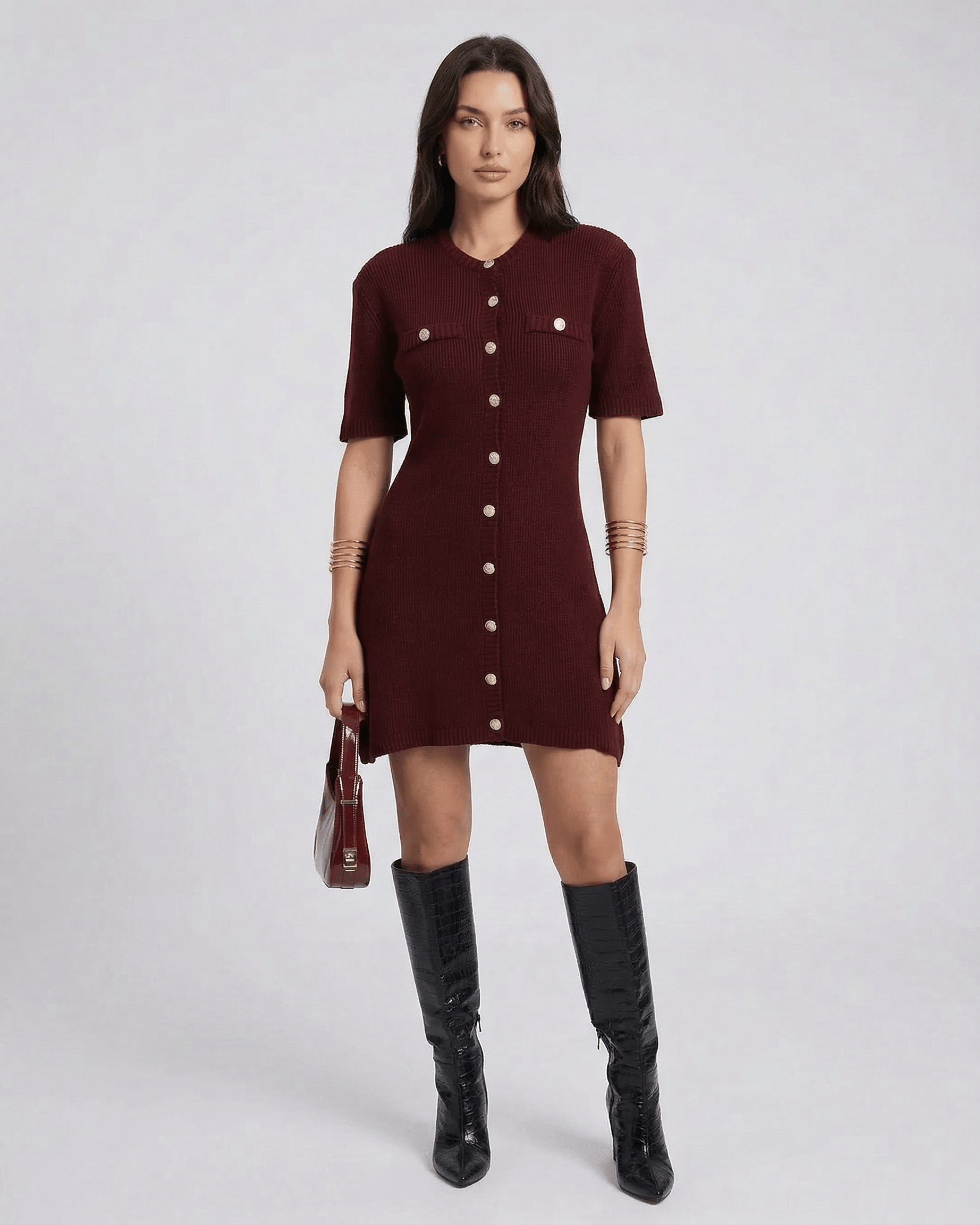 Pantelleria Mini Dress in maroon, featuring short sleeves, buttons, and paired with knee-high black boots by RAMBLION.