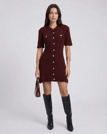 Pantelleria Mini Dress in maroon, featuring short sleeves, buttons, and paired with knee-high black boots by RAMBLION.